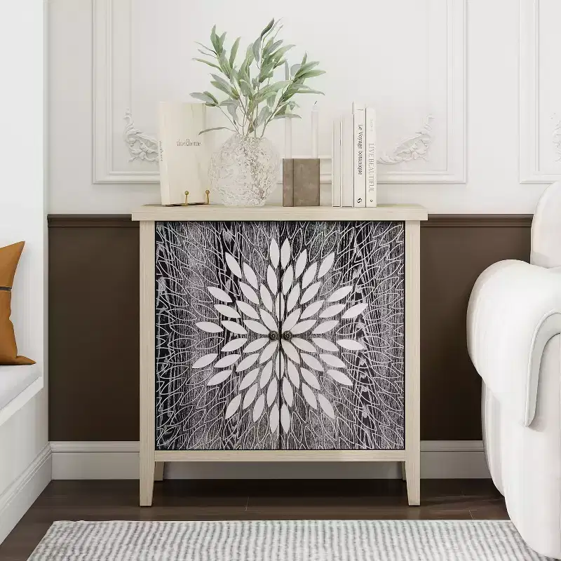 Modern Accent Cabinet, Sideboard with Four Carved Patterns Doors, Storage Cabinet for Kitchen, Dining Room, Entryway