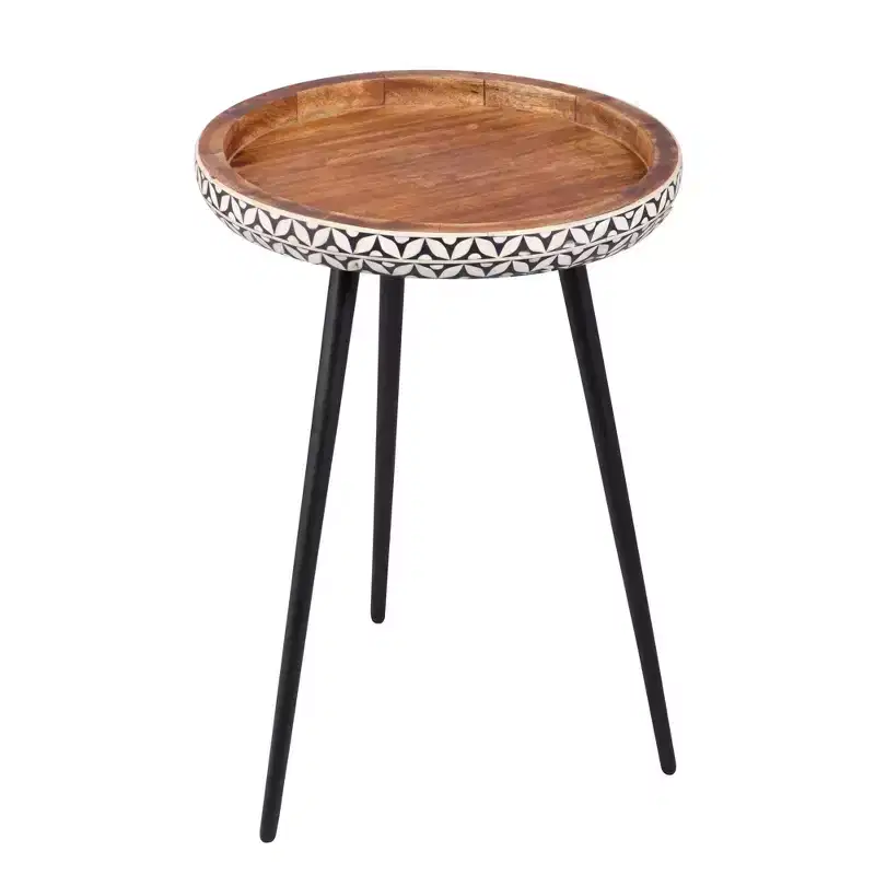 East at Main 18" Round Mango Wood Tray Top Side Table Brown: Sturdy Metal Frame, 20" High End Table