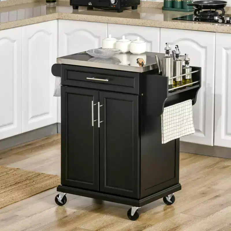 Kitchen Island on Wheels, Rolling Kitchen Cart with Stainless Steel Countertop, Drawer, Towel Rack and Spice Rack, Utility Storage Trolley