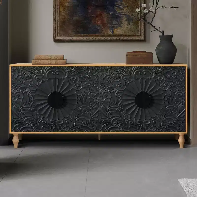 Sideboard Buffet, Wood Floor Cabinet With Carved Flower Door, Metal Handle, Freestanding Sideboard
