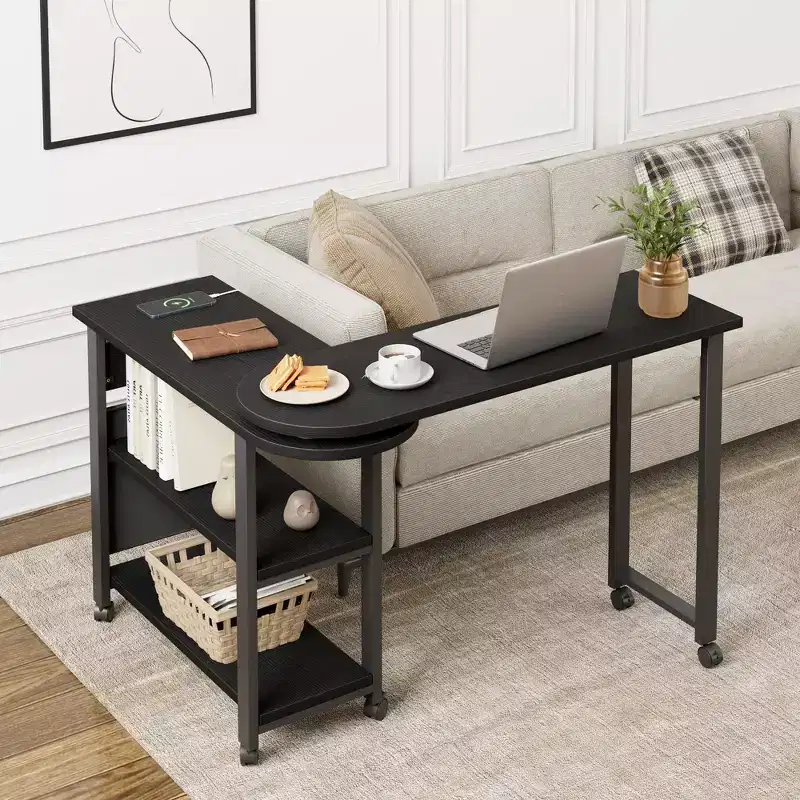 Swivel Side Table with Charging Station and Storage Bag, Rotating End Table with 6 Locking Wheels for Bedroom Living Room