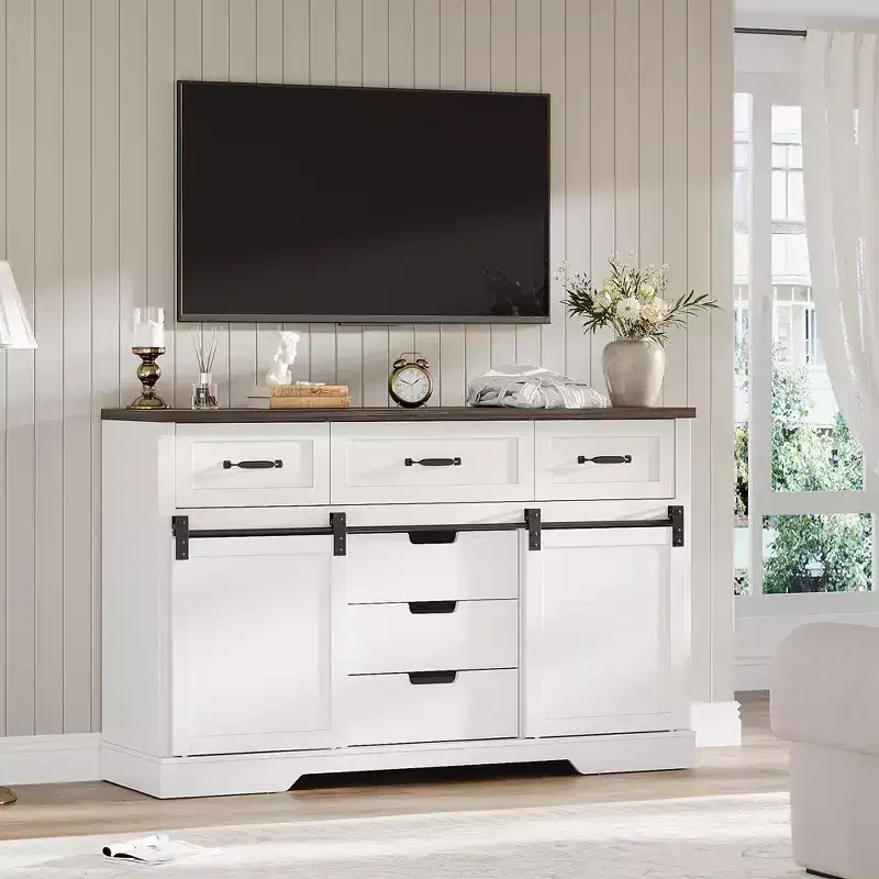 6 Drawers Dresser with Mirror for Bedroom, Makeup Vanity with Light Mirror, Chest of Drawers with Sliding Barn Doors for Bedroom, Living Room