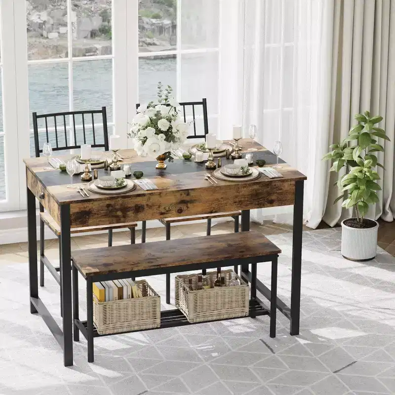 Dining Table Set for 4, Small Kitchen Table and 2 Chairs for 4 with Bench, Rectangular Farmhouse Table Set