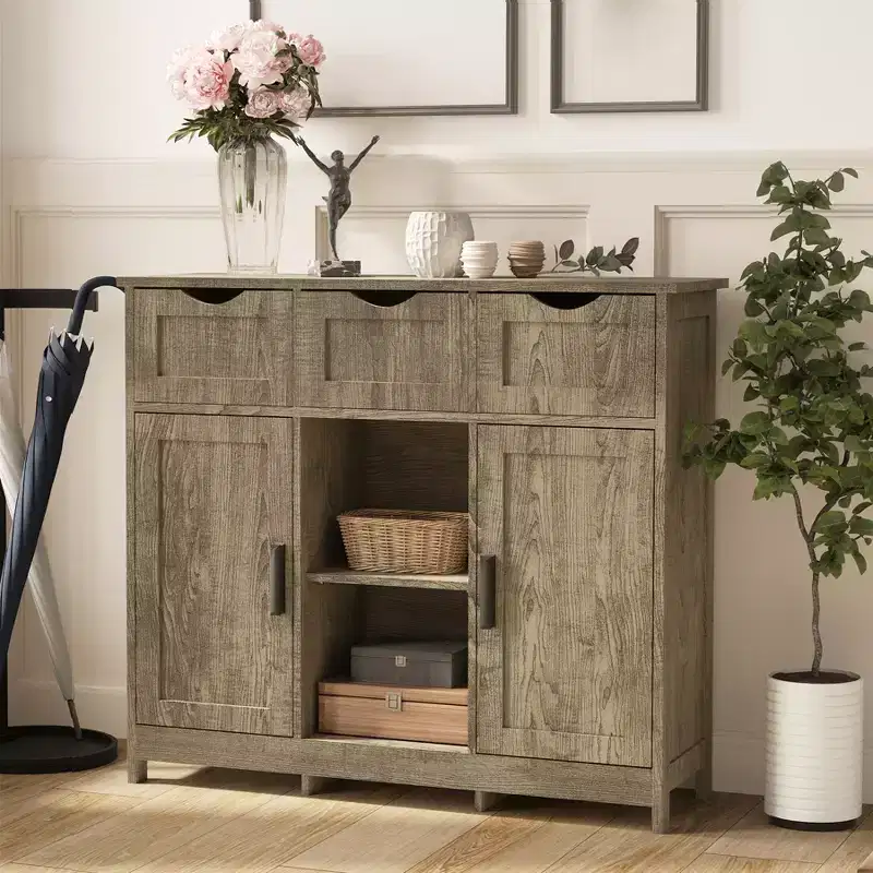 35 Sideboard Buffet Cabinet, Wooden Coffee Bar Cabinet with 3 Drawers, Accent Entryway Console Table