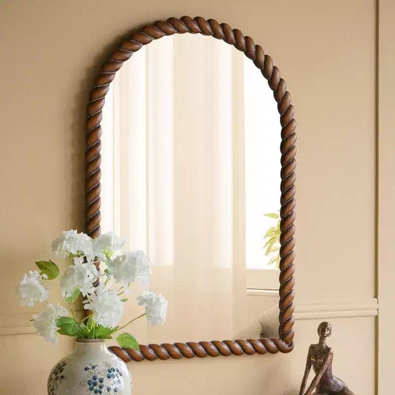 Modern Wood Wall Mirror, Brown Vanity Mirror for Bathroom, Decorative Accent Mirror for Living Room, Entryway, or Bedroom