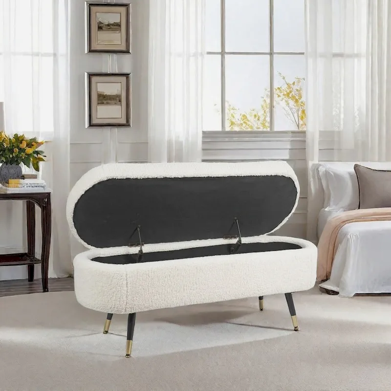 Maren Fully Padded Boucle Storage Bench Wood Stiletto Legs