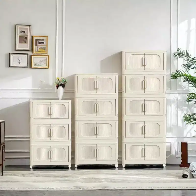 MAYEERTY 19.69 Side 3 Tiers Plastic Folding Stoarge Cabinet with Magnetic Door Wheels Cream White for Living Room