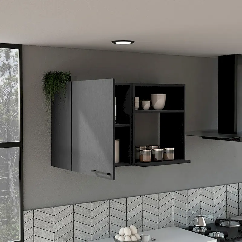 Wall Cabinet with 1 Door & Open Shelves, White or Black