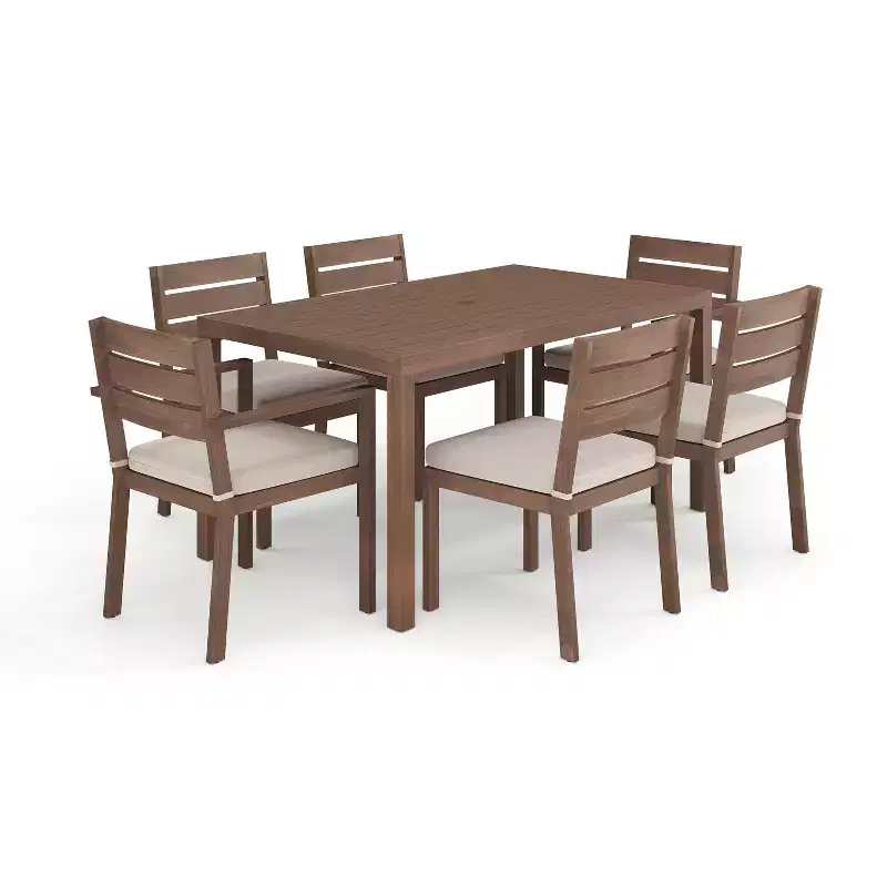 Martha Stewart Bedford Indoor-Outdoor Patio Set with 62 Table and 6 Dining Chairs with Brushed Woodgrain Aluminum Finish and All-Weather Seat Cushion