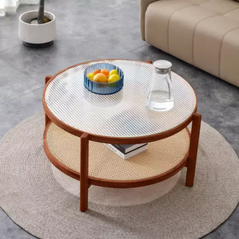 Round Double-Layer Solid Wood Coffee Table, Glass Top & PE Rattan Lower Shelf