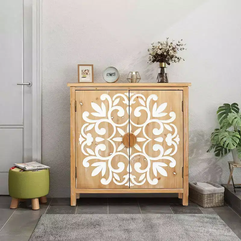 MAYEERTY Ruatic Wooden Accent Cabinet with Floral Carved Doors 2 Door Storage Cabinet for Living Room