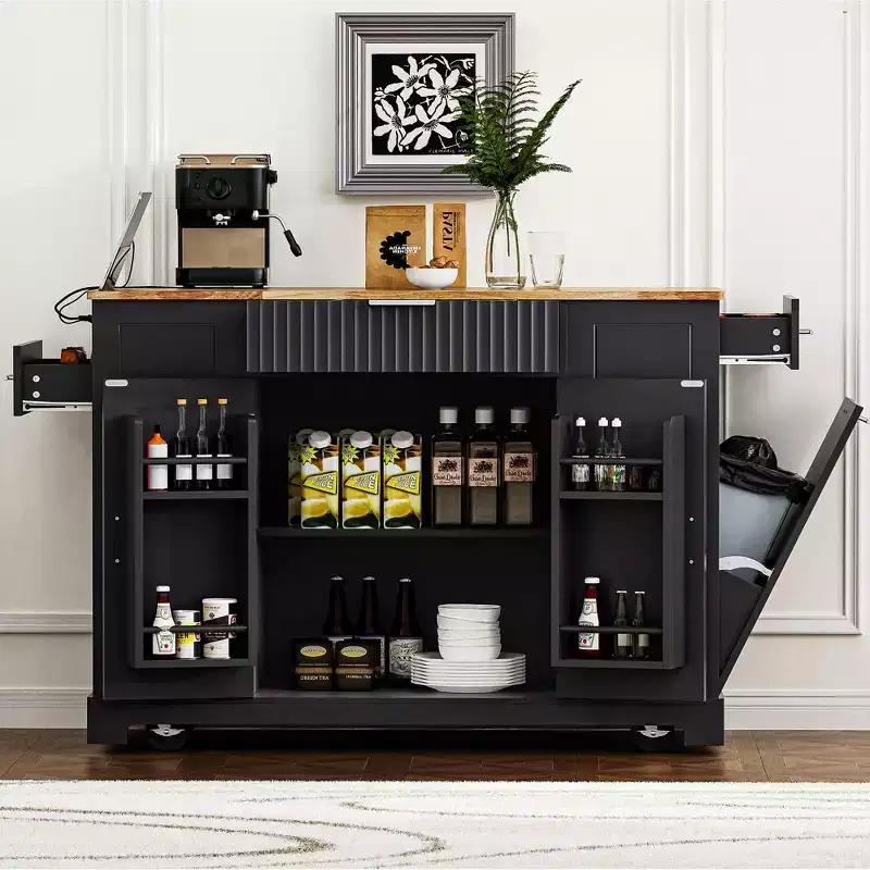 48.5 inch Black Fluted Kitchen Island with Trash Can Storage Cabinet Rolling Kitchen Islands on 5 Wheels for 10 Gallon Garbage Bin