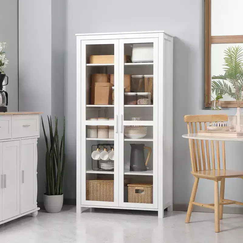 63 Kitchen Pantry Cabinet, Freestanding Storage Cabinet, Display Cabinet with 2 Glass Door and 2 Adjustable Shelves for Dining Room