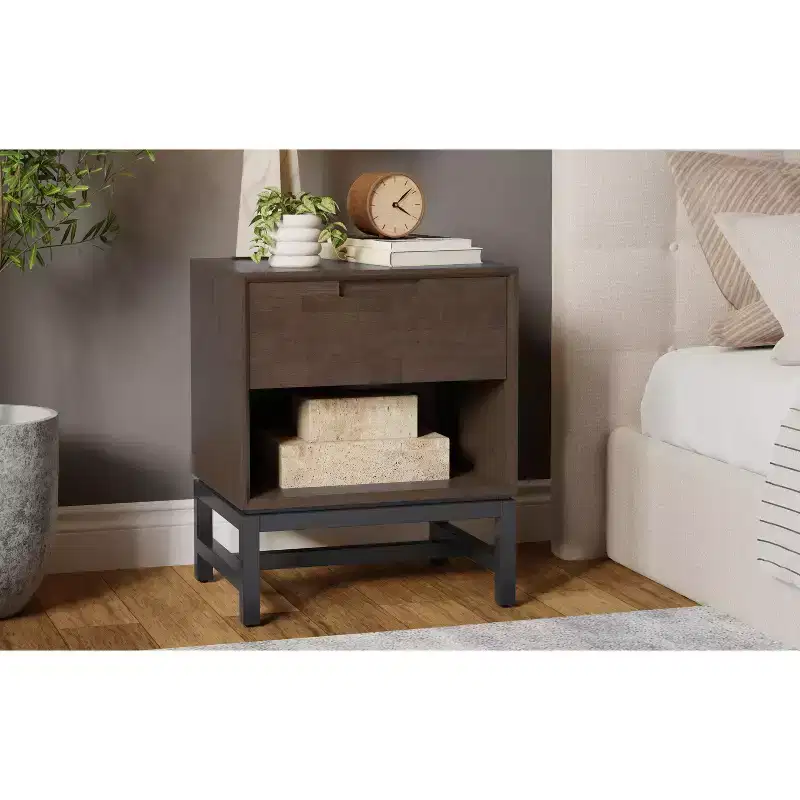 Devlin SOLID HARDWOOD 20 inch Wide Industrial Mid Century Nightstand in Walnut Brown