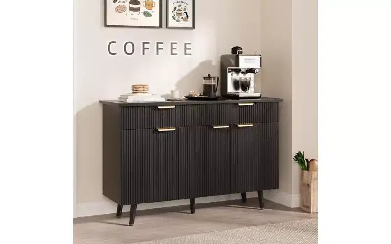 Metal Sideboard Buffet Cabinet with 3 Fluted Doors and 2 Drawers, 30.7