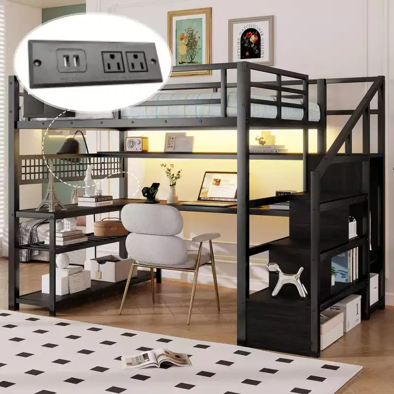 TUYOHW Full Size Loft Bed with Storage Staircase & Wardrobe,Metal Loft Bed with Desk,Storage Shelves,Charge Station,LED Lights for Teens & Adults