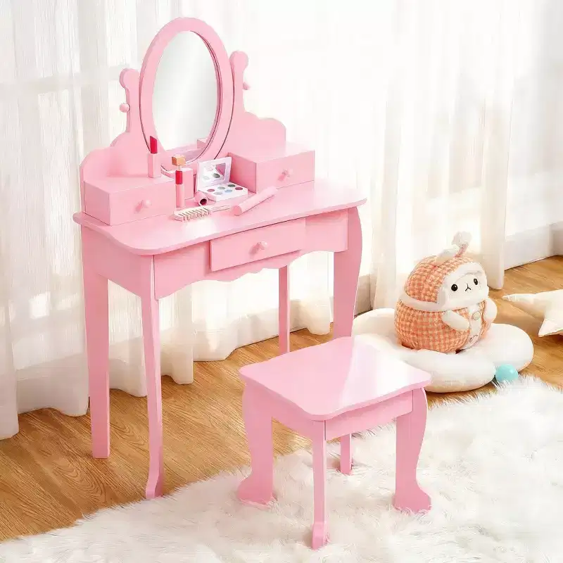 Pink Kids Vanity Girls Wooden Makeup Table with Adjustable Mirror & Stool, Dress-Up Playset for Ages 4-9