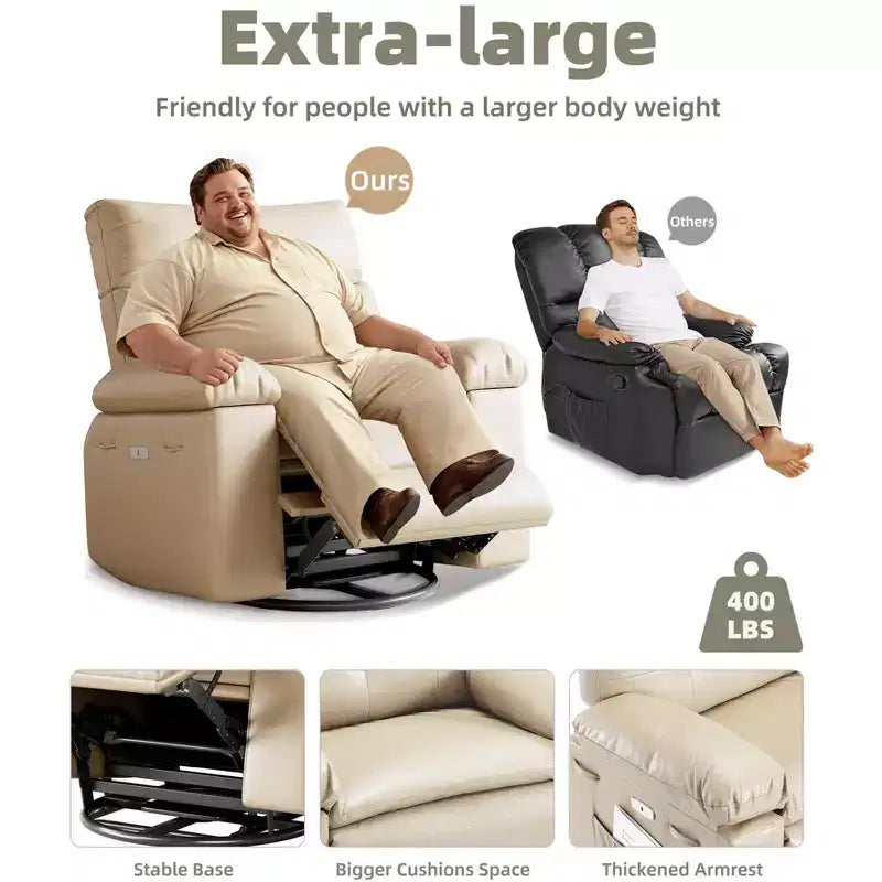 Extra-large massage and heated rocking chair, 360 rotating recliner, with remote control, cup holder and side pockets, ergonomically designed.