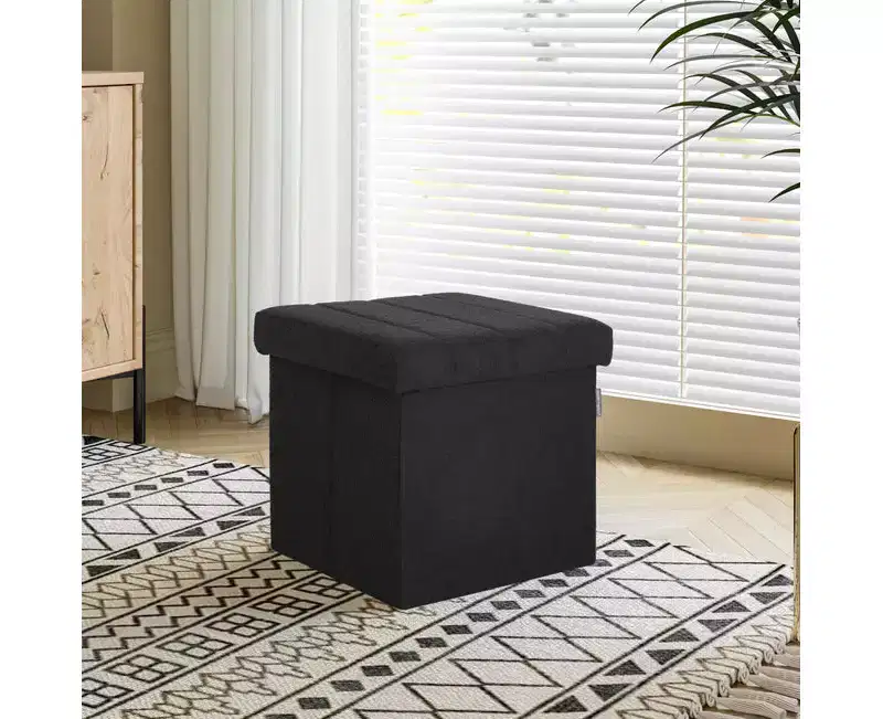 Black Boucle Channel Tufted Fabric Storage Ottoman