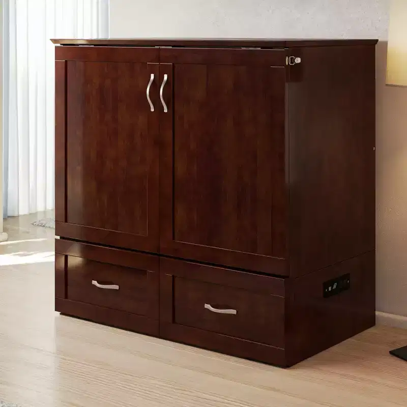 HomeStock Hamilton Twin XL Murphy Bed Chest with 6 Mattress, Storage Drawer & Built-In USB Charger, Walnut