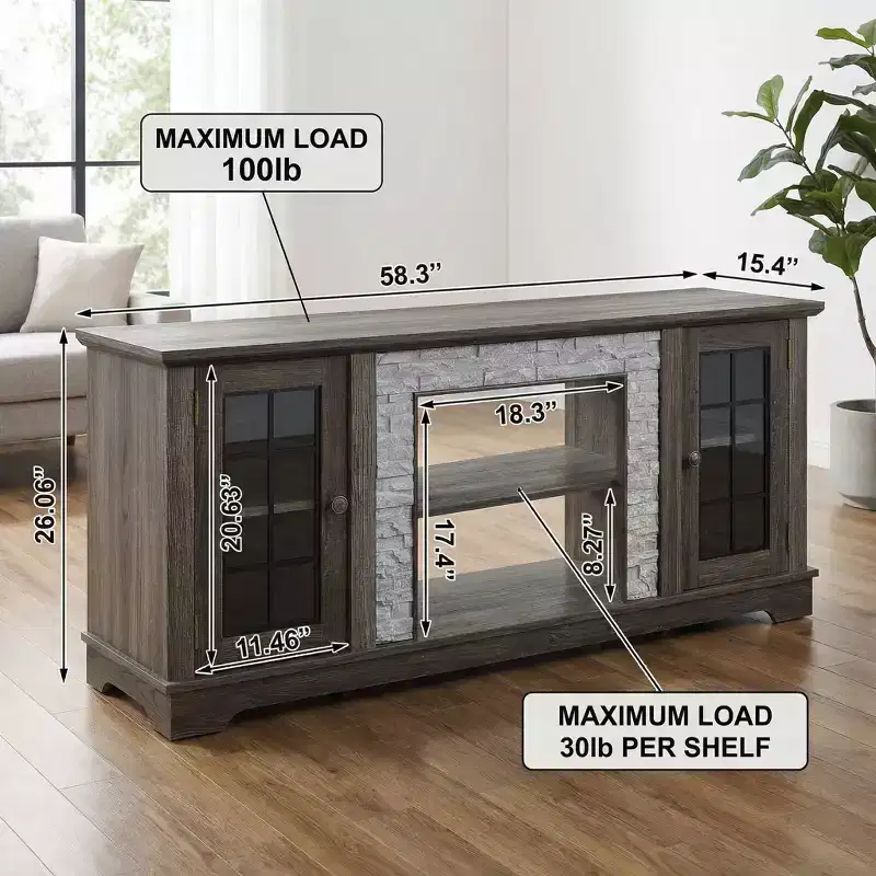 JVNOXK 58 Grey Modern TV Stand with 2-Door Storage & Faux Stone Finish