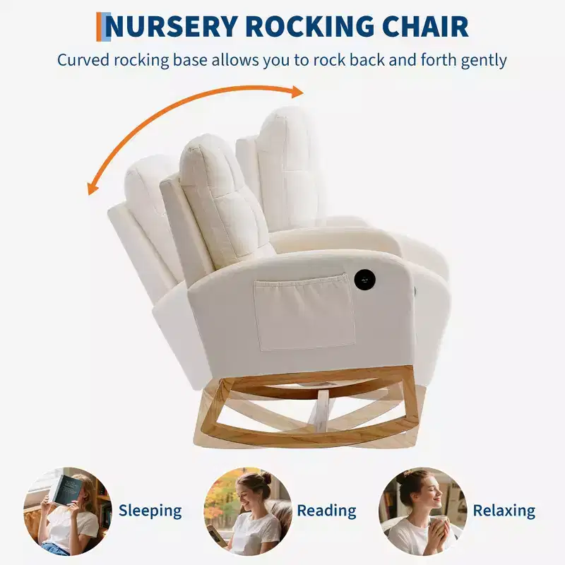 Modern rocking chair with side pockets, cushioned design. Suitable for living rooms and bedrooms. High backrest