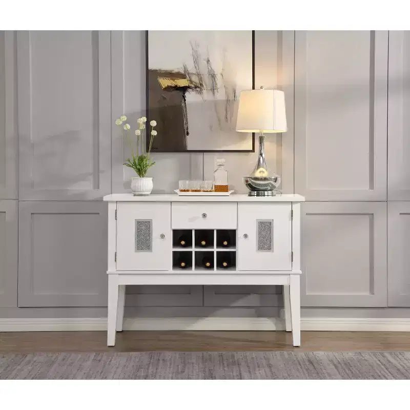 48-Inch Dining Cabinet - White High Gloss & Faux Crystal