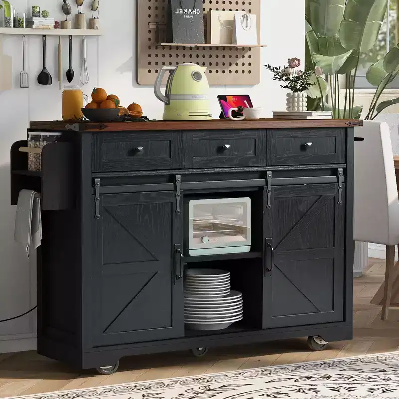 Farmhouse Kitchen Island with Power Outlet, 2 Sliding Barn Door Kitchen Storage Island with Drop Leaf, Rack Rolling Kitchen Cart on Wheels