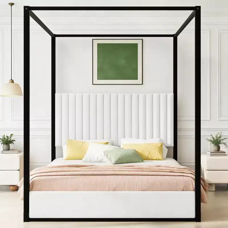 Luxystar Queen Size Modern Canopy Platform Bed with Upholstery Headboard, Black