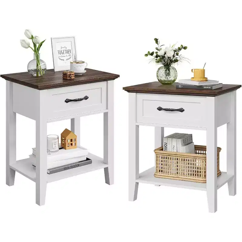 Acekool Nightstand Set of 2, White End Tables with Drawer and 2-Tier Storage Shelves, Side Tables for Bedroom, Living Room, Dorm
