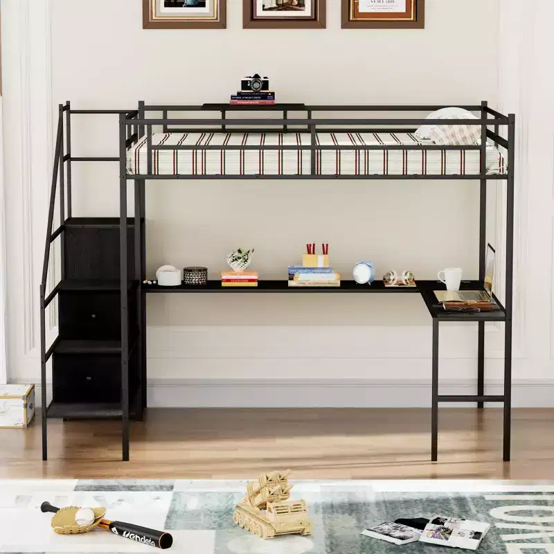 Full Size Metal Loft Bed with L-Shaped Desk, Safety Rails, Ladder & Storage Shelves - Black