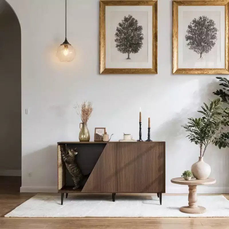 2-in-1 Sideboard and Cat Litter Box Enclosure, Storage Cabinet with Sisal Scratcher, Walnut