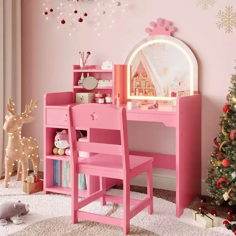 Kids Vanity with Lighted Mirror, 2 in 1 Princess Vanity Set Toddler Vanity Table & Chair Set with Open Bookshelf, Storage Cabinet & Shelves for Girls