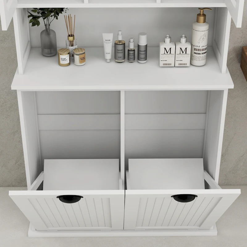 Two-Compartment Tilt-Out Dirty Laundry Basket Tall Bathroom Cabinet