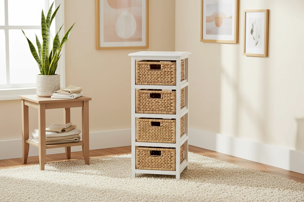 White 4-Basket Wicker Storage Unit, Single-Use, Wood Frame