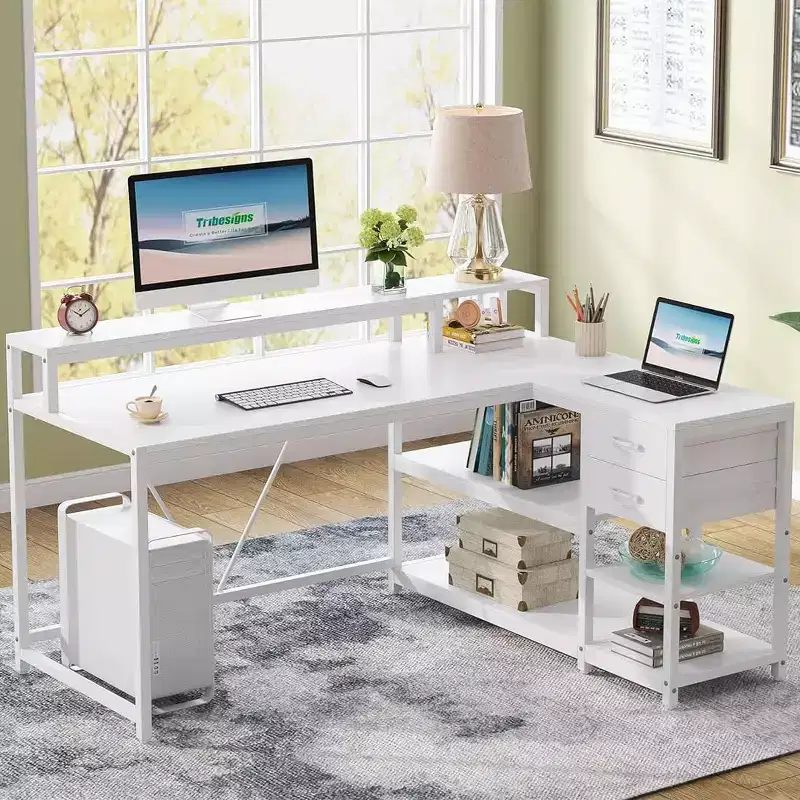 Lantine 55-Inch Reversible L-Shaped Desk with Drawer, Modern White Corner Desk with Storage Shelves and Monitor Stand for Home Office, Small Space