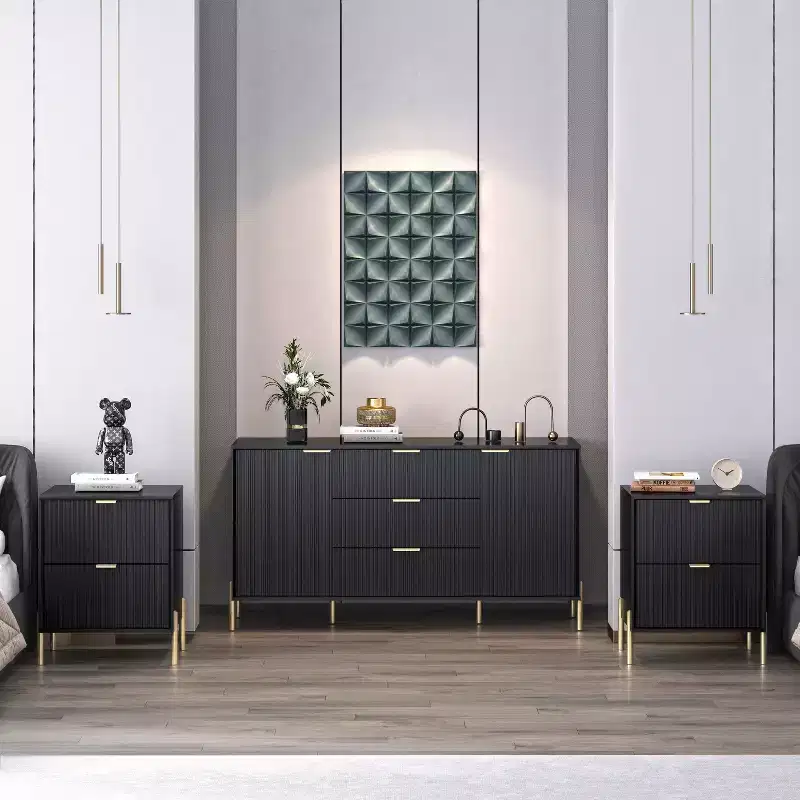 Festivo 3pc Modern Elegance 2 Drawer Nightstands and 3 Drawer Dresser Set Black