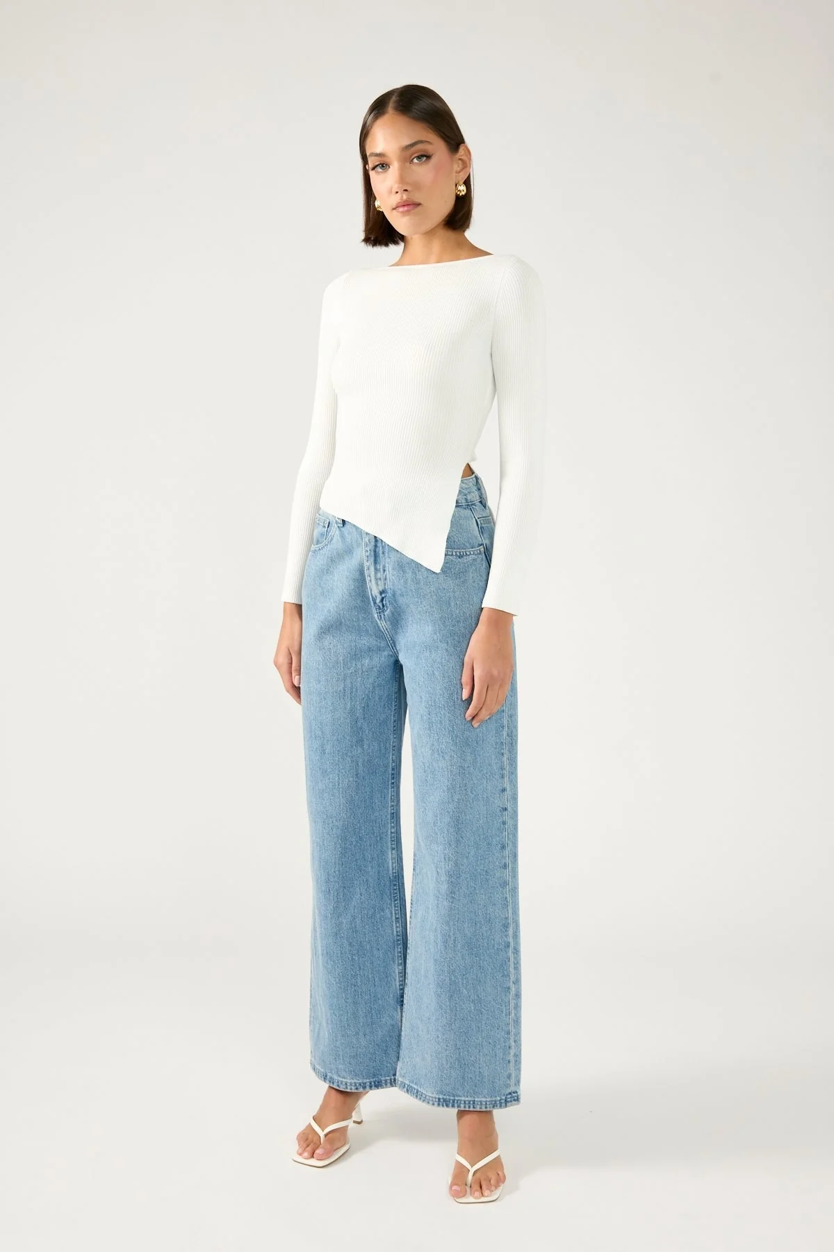 Long Sleeve Asym Rib Knit Top White