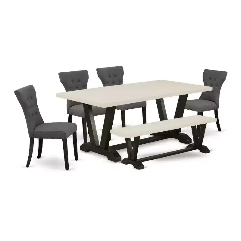 HomeStock 6-Pc Rectangle Natural Oak Finish Solid Wood Top Dining Table with 1-Bench, 4-Chairs