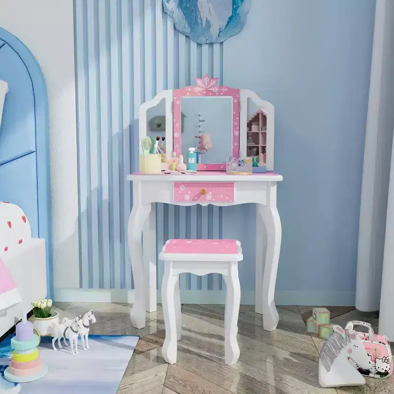 JOYMOR Kids Vanity Set, Wooden Princess Makeup Table with Stool, Tri-Folding Mirror, Large Drawer and Solid Wooden Legs, Pink