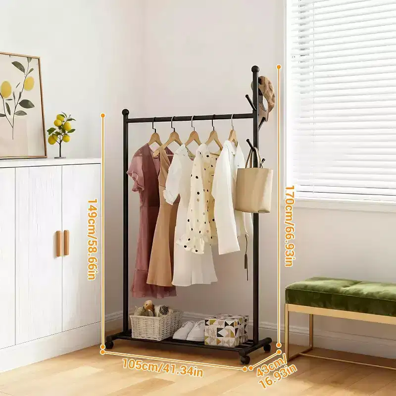 Metal Coat Rack with Wheels, Rolling Closet Rack with Wheels, Coat Rack Freestanding for Corner Bedroom Hallway Entryway Living Room