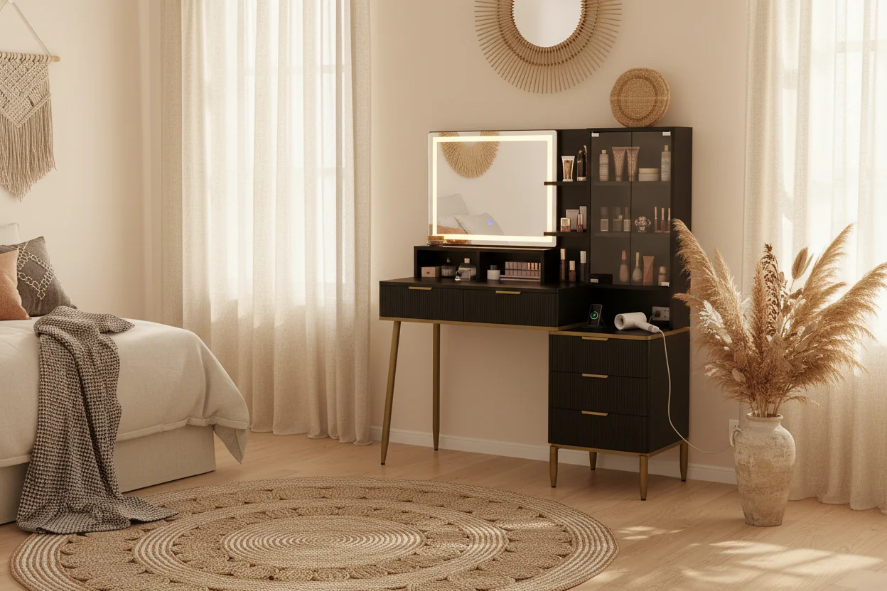 Makeup Vanity Desk -Dressing Table with Lights & Power Outlet, Fluted Vanity Desk with Mirror, 5 Drawers