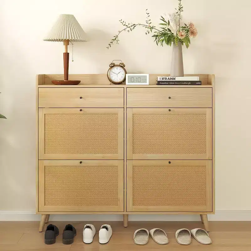 Farmhouse Rattan Entryway Shoe Cabinet, 4 Turn Drawers, 2 Pull-Out Drawers, Hidden Shoe Rack, for Hallway, Living Room
