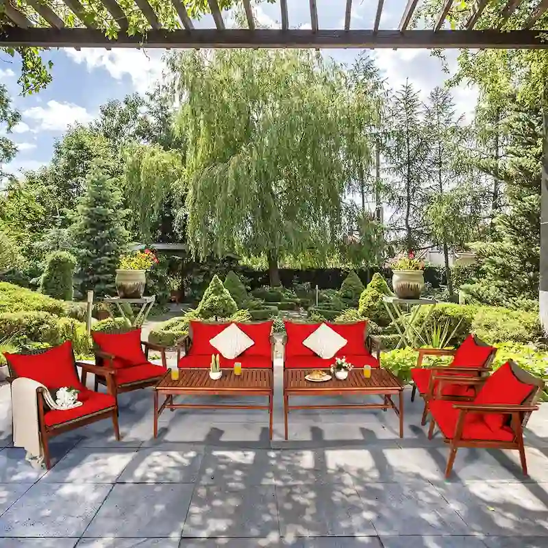 Costway 8PCS Patio Rattan Furniture Set Acacia Wood Frame Cushioned