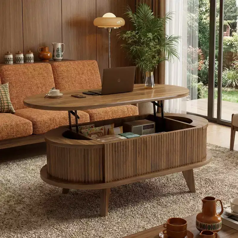 JVNOXK Fluted Lift Top Coffee Table with Hidden Compartment, Wooden Center Table, Modern Oval Lift Tabletop for Home Living Room Office, Walnut