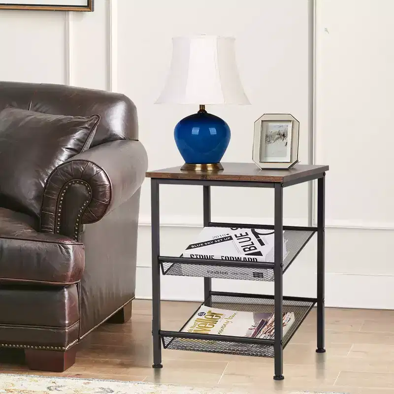 3-Tier Industrial End Side Table Nightstand with 2 Adjustable Shelves - Rustic Brown