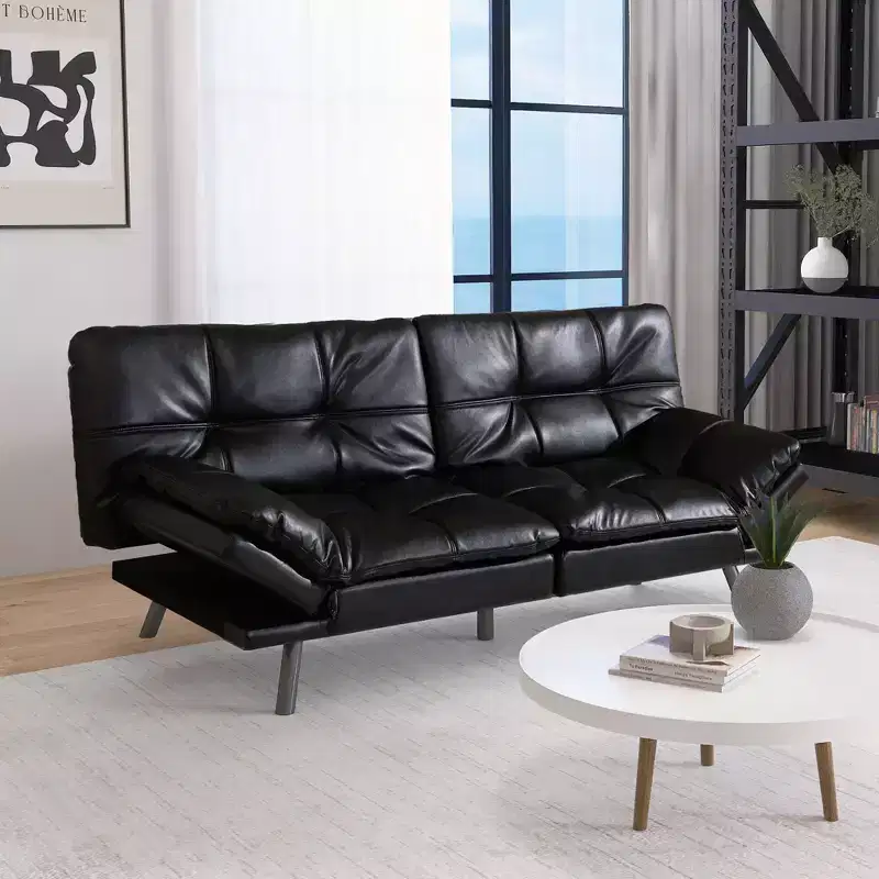 Dyonery 71 Futon Convertible Memory Foam Sofa Bed, Modern Loveseat for Living Room, Adjustable Armrests Backrest Sofabed, Faux Leather - Black