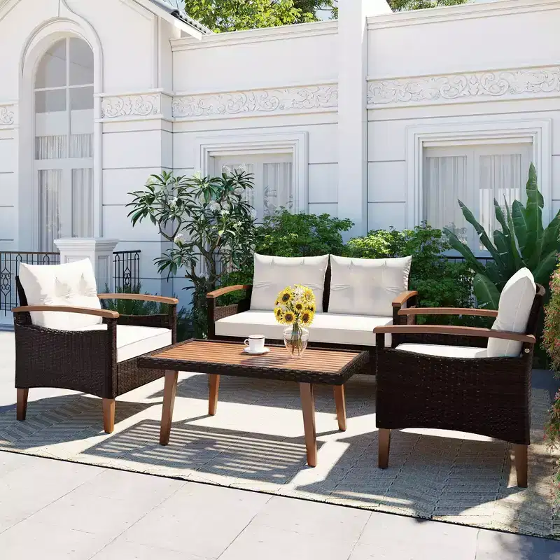Whisen 4-Piece Weather Resistant Wicker Patio Sofa Set, PE Rattan Outdoor Sectional Sofa Couch Set with Wood Table and Legs, Garden Furniture