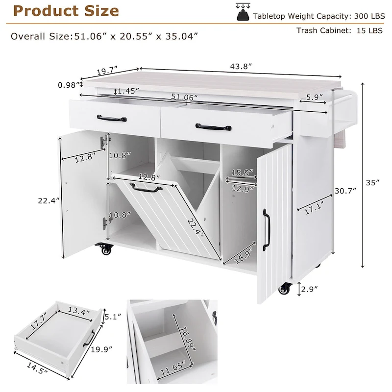 51 in. W Rolling Kitchen Island Cart with Drop Leaf and Tilt-out Trash Can