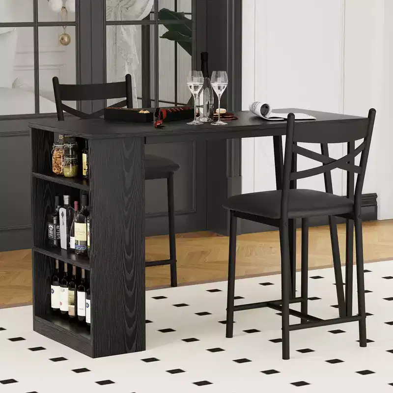 Dining Table Set for 2, Kitchen Bar Table and Chairs, High Top Kitchen Bar Table with 3 Tier Storage Shelves & 2 Stool, for Restaurants Bistros